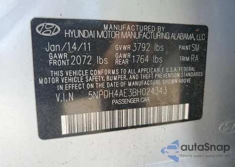 2011 Hyundai Elantra Gls from USA, damaged, VIN 5NPDH4AE3BH024343